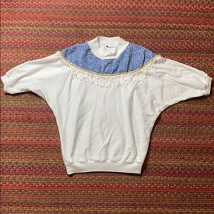 VINTAGE WHITE DENIM FRINGE SWEATER TOP WESTERN COWGIRL